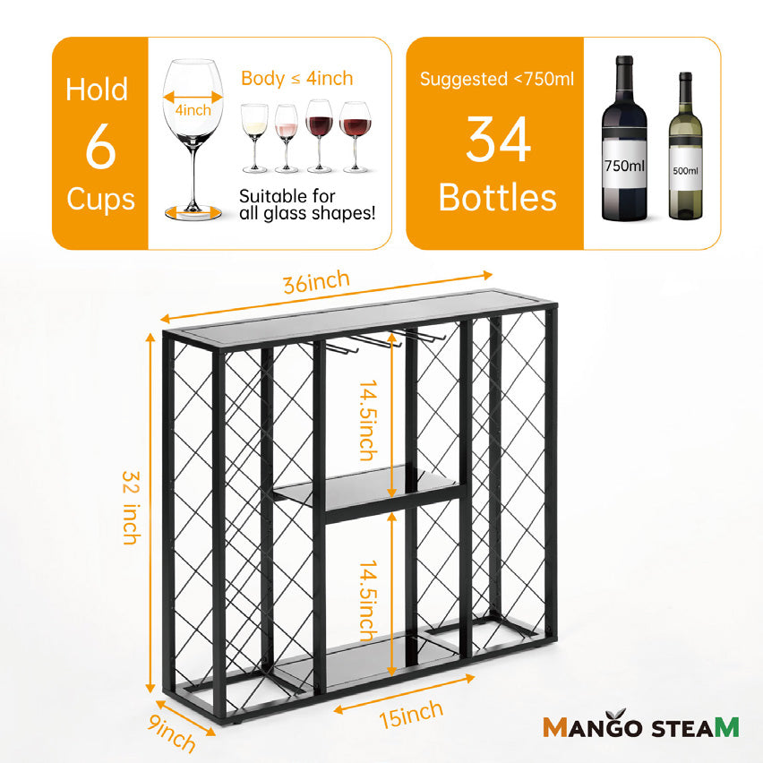 34 Bottle Wine Rack Console Table – Wine Storage with Glass Top