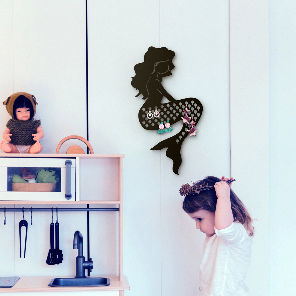 Mango Steam Slim Profile Wall-Mounted Jewelry & Earring Organizer (Mermaid, Black)