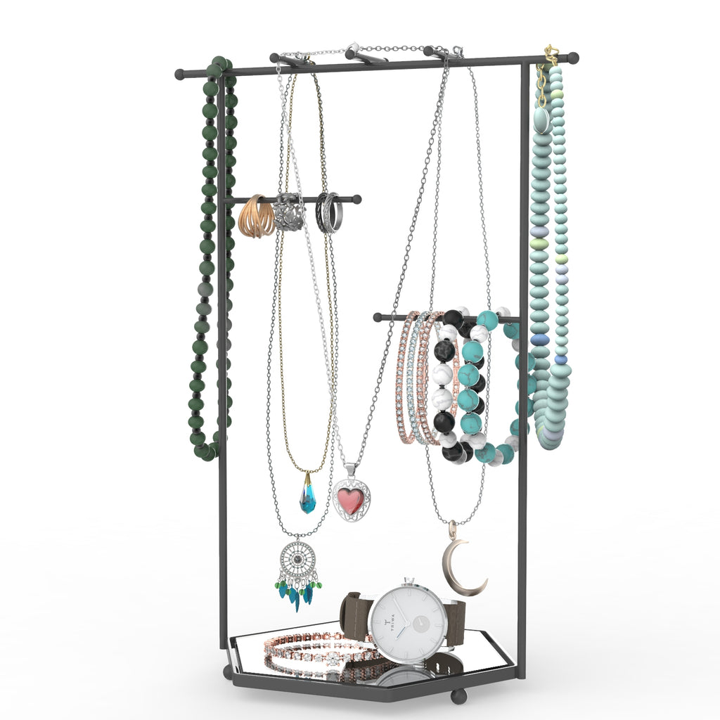 Hexagon Mirror Jewelry Tower – Bracelet, Necklace & Ring Organizer