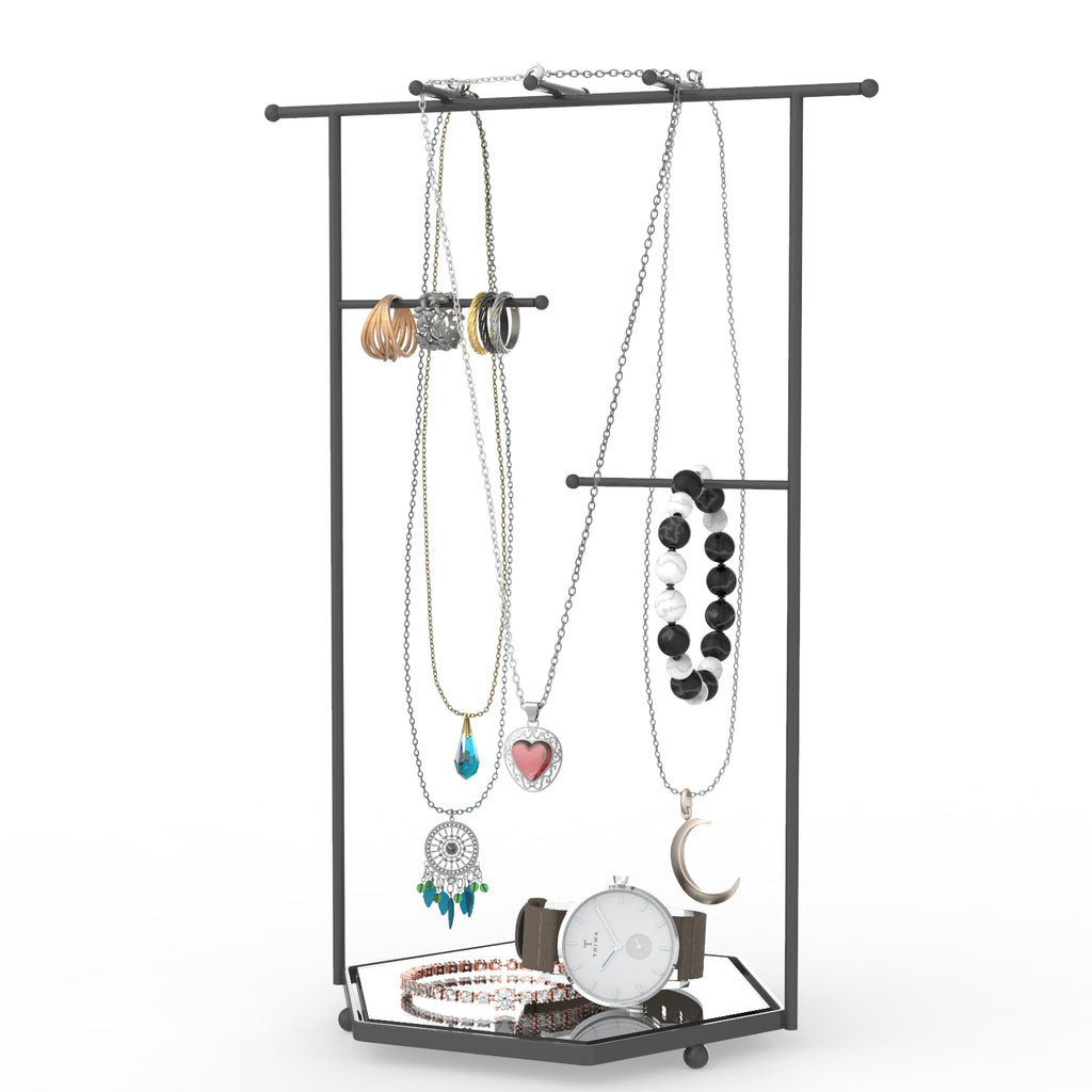 Hexagon Mirror Jewelry Tower – Bracelet, Necklace & Ring Organizer