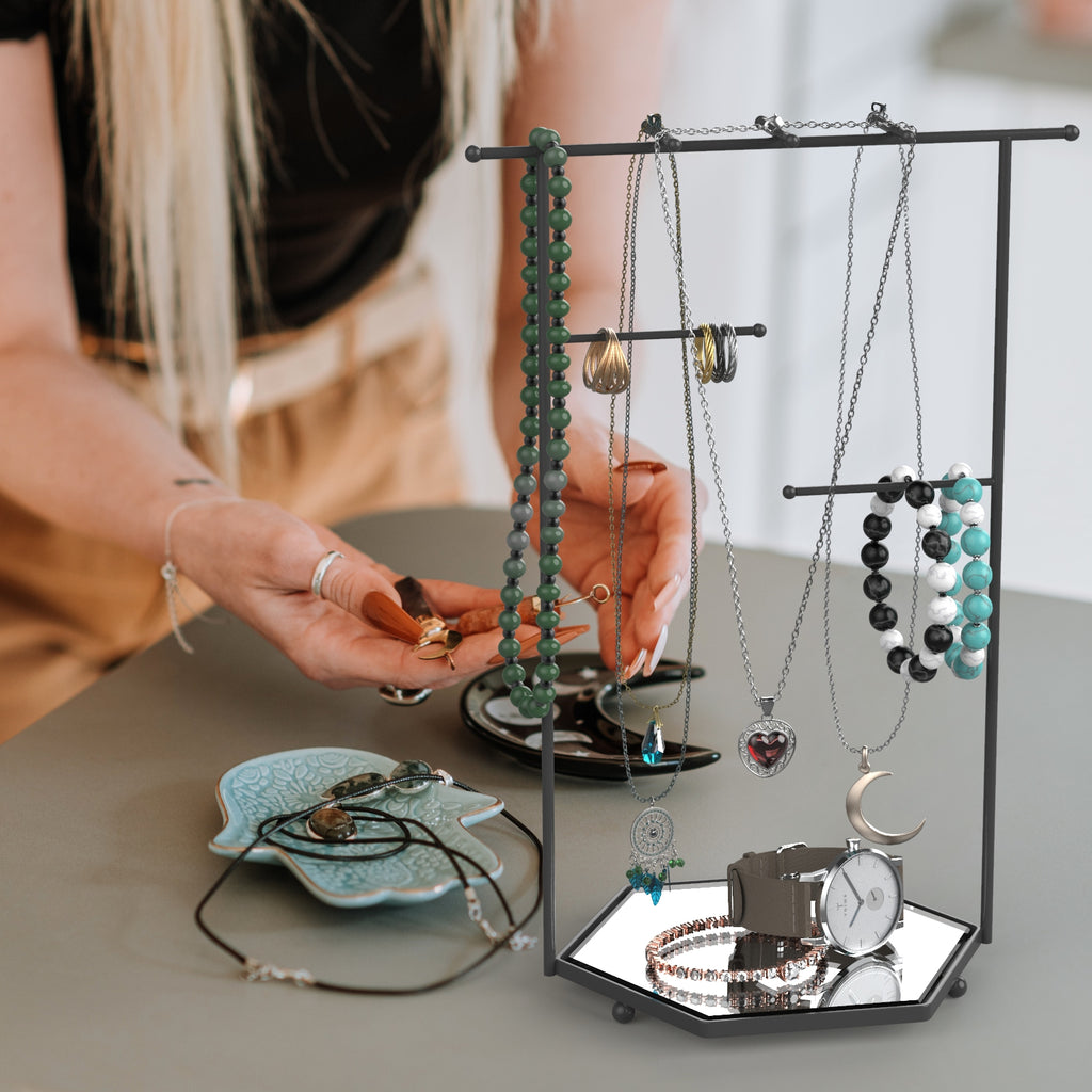 Hexagon Mirror Jewelry Tower – Bracelet, Necklace & Ring Organizer