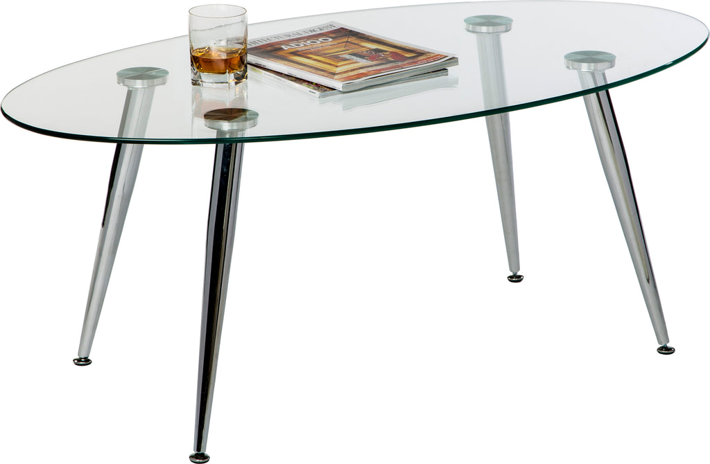 Pacifica Coffee Table Clear Tempered Glass Top and Chrome Tube Base.