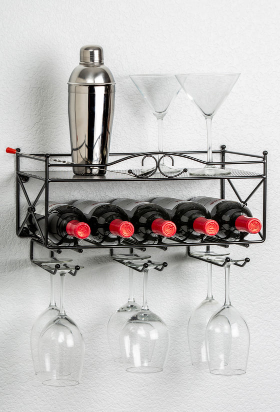 Mango Steam 2 Tier Wall Mounted Wine Rack with Stemware Holder - for Kitchen, Bar, & More